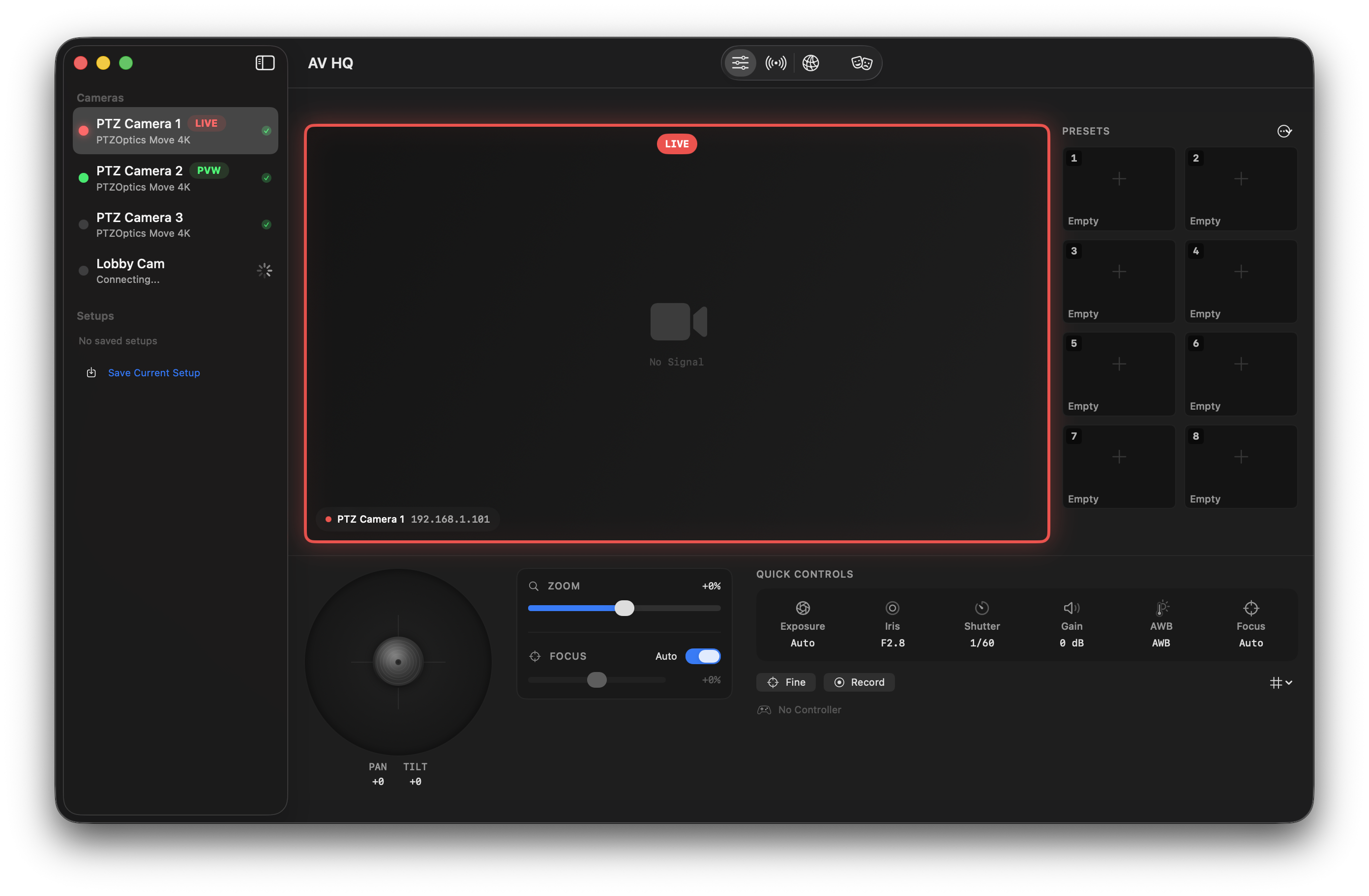 AV HQ PTZ control panel with joystick, presets, and quick controls