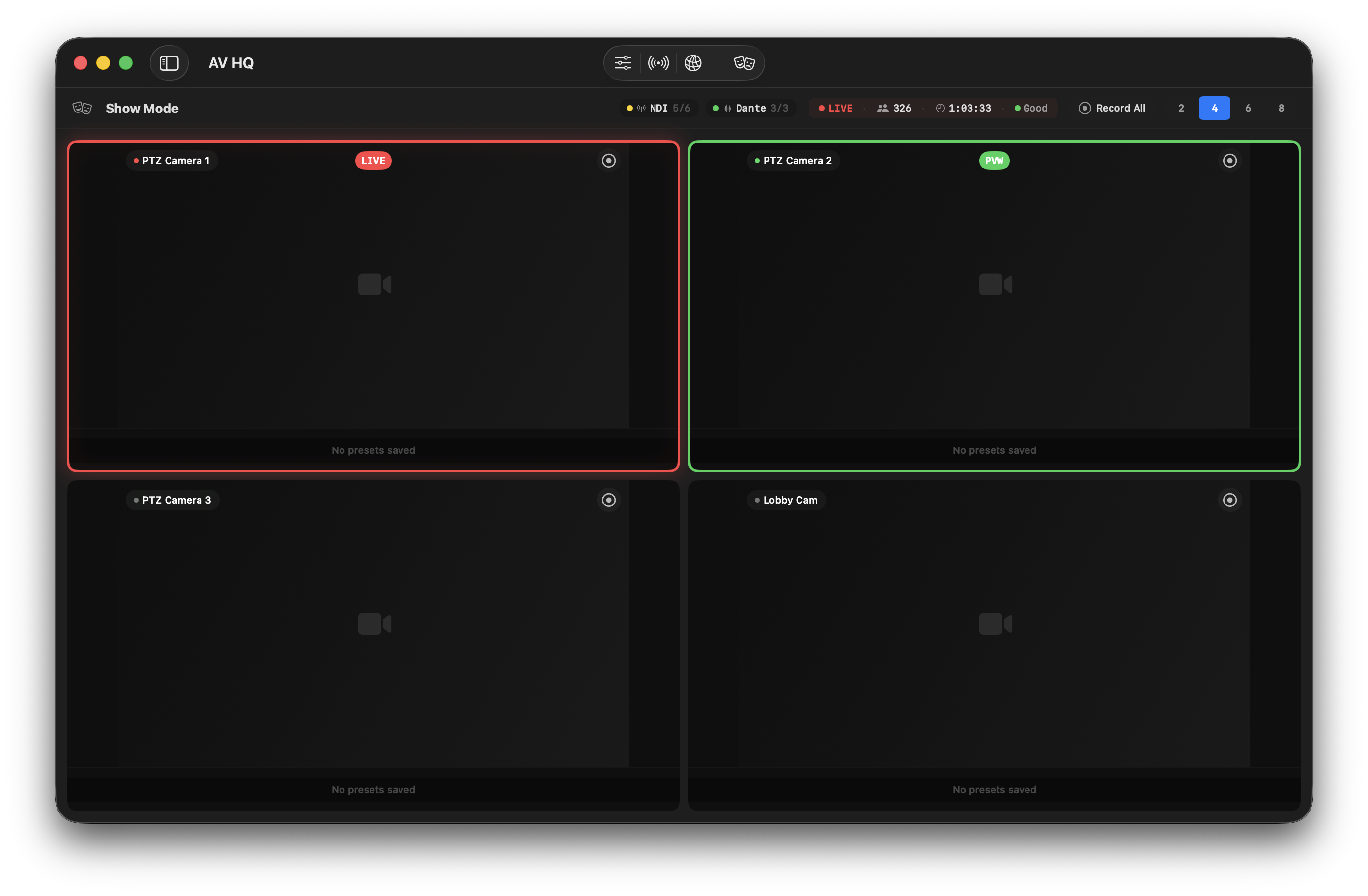 AV HQ Show Mode — multi-camera view with tally indicators